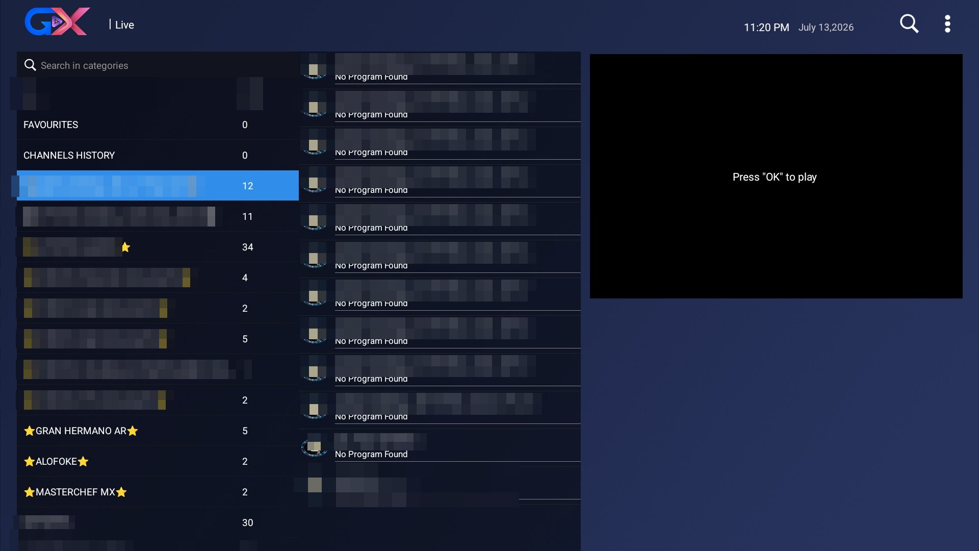 TV en vivo con lista de categorías y canales