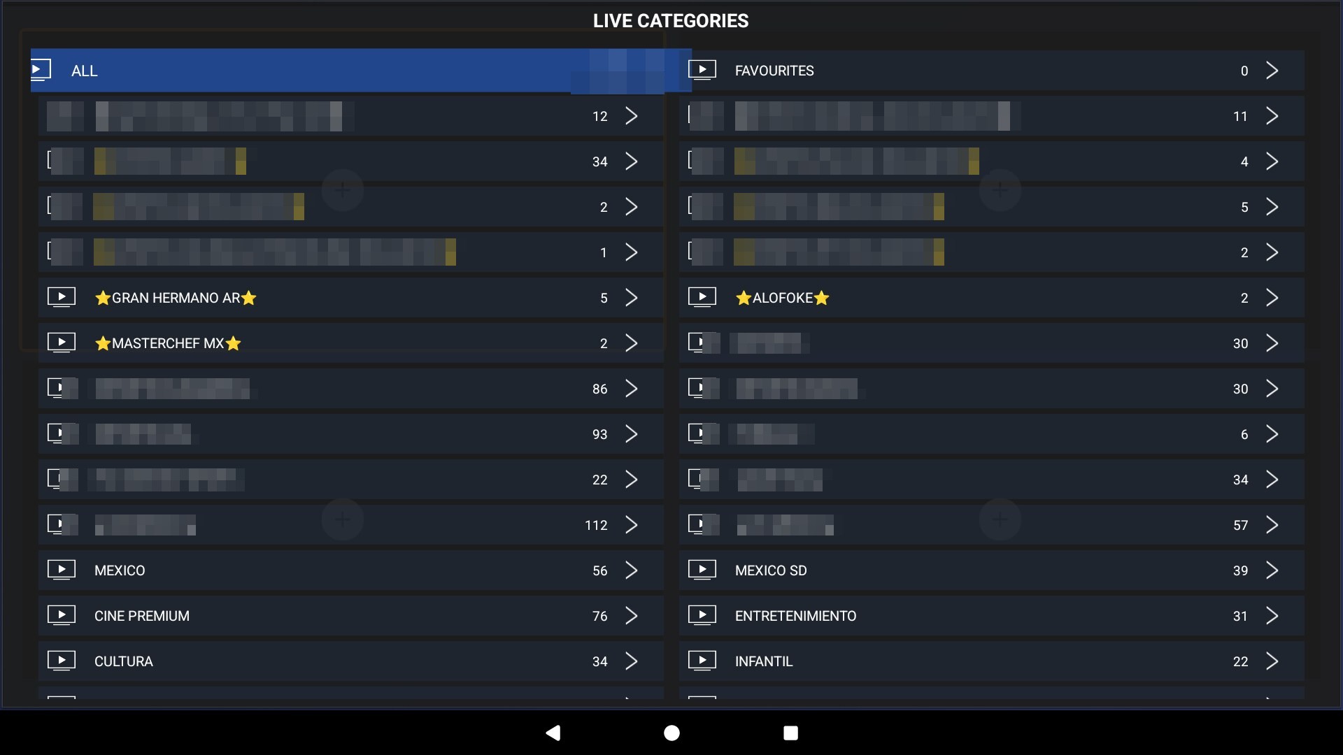 Categorías de TV en vivo con conteo de canales
