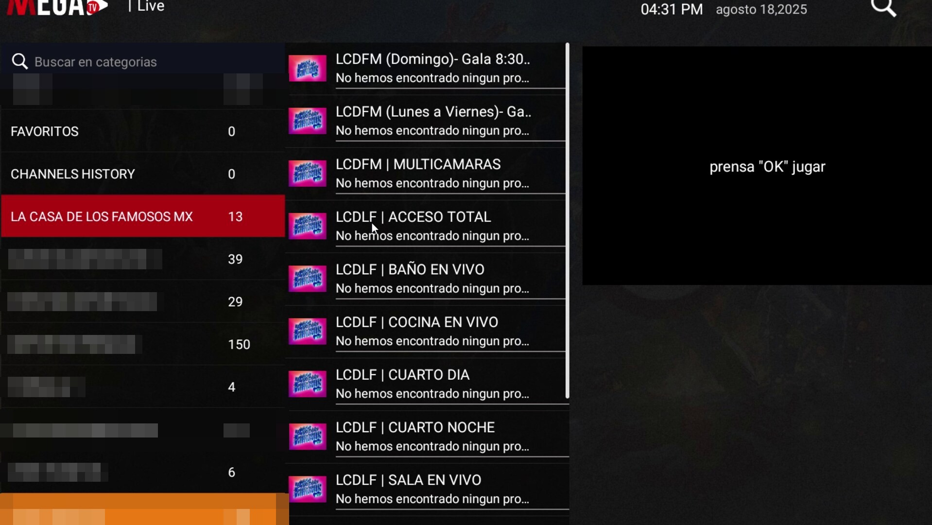 TV en vivo con categorías, historial y lista de canales