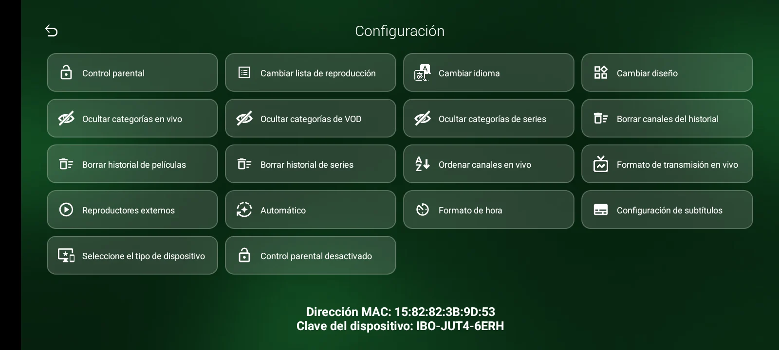 IBO Glass 43 Green - Ajustes: control parental, categorías, diseño, subtítulos y reproductores externos