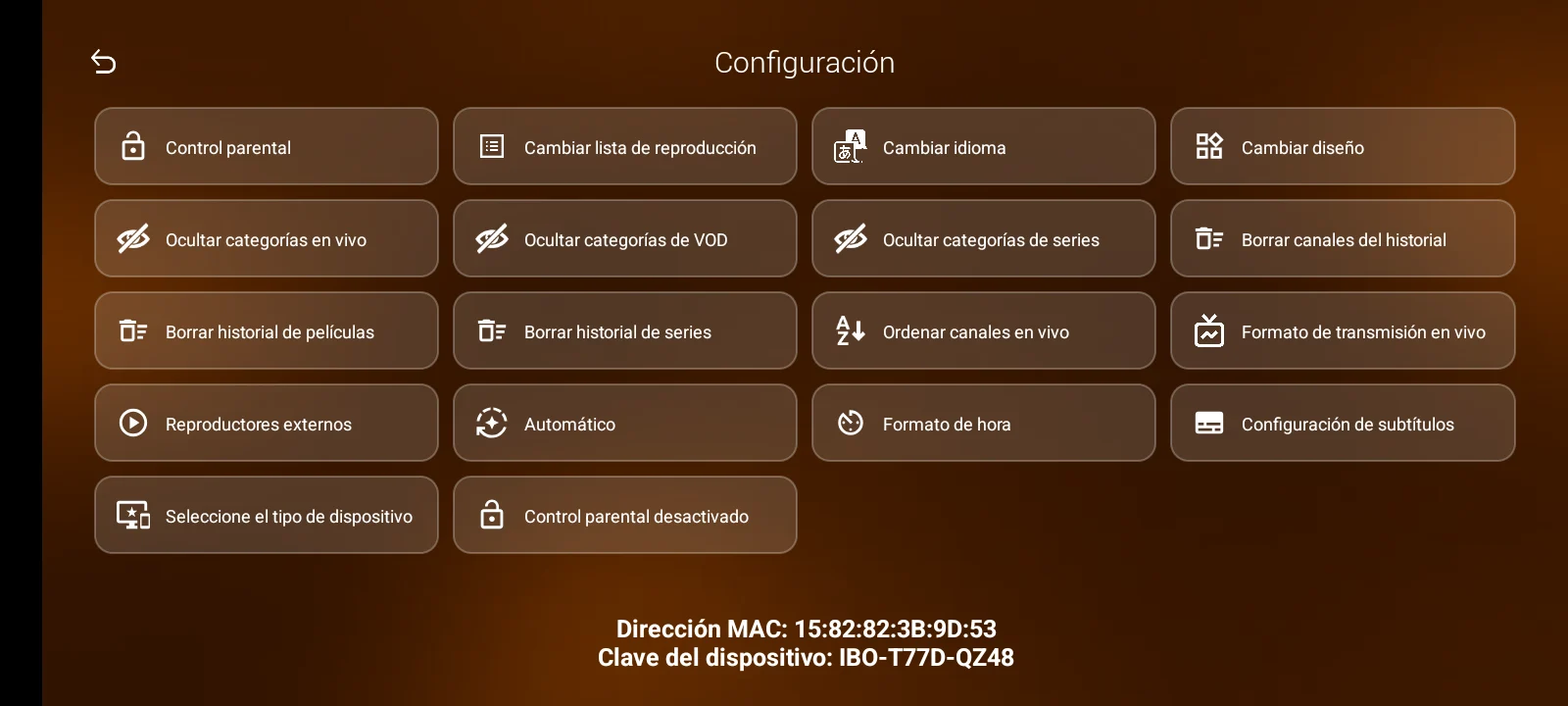 IBO Glass 43 Orange - Ajustes: control parental, categorías, diseño, subtítulos y reproductores externos