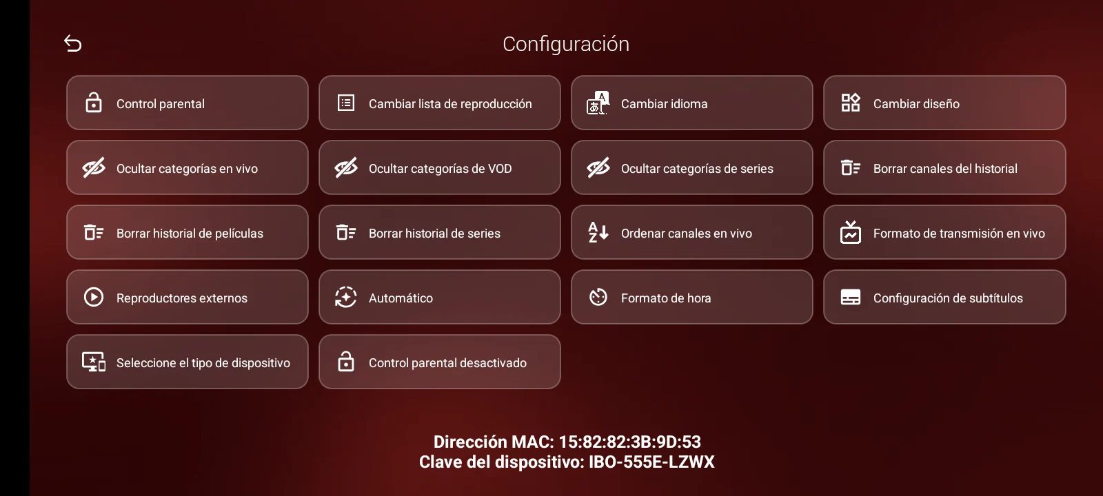 IBO Glass 43 Red - Ajustes: control parental, categorías, diseño, subtítulos y reproductores externos