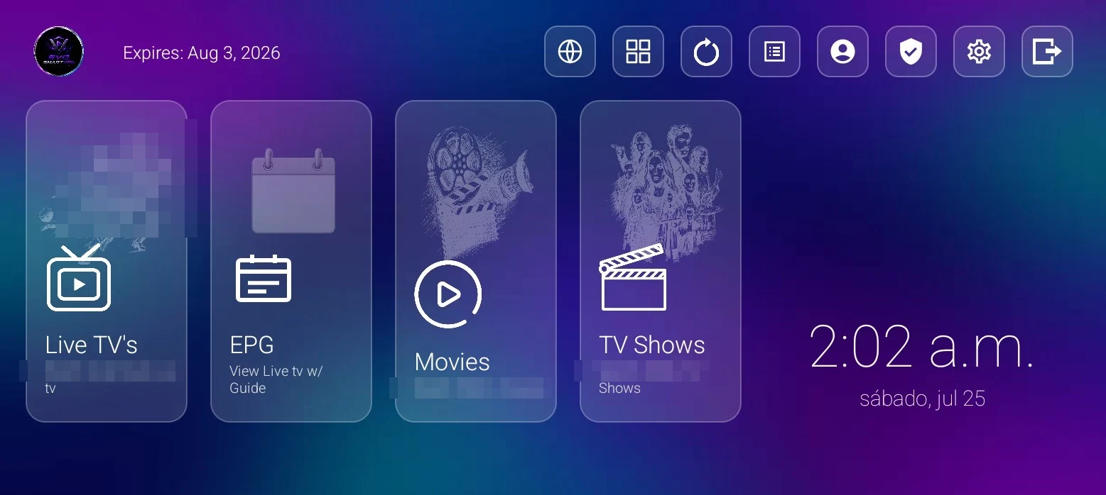 IBO Glass 43 - Pantalla principal con accesos a TV en vivo, EPG, películas y series, reloj y clima