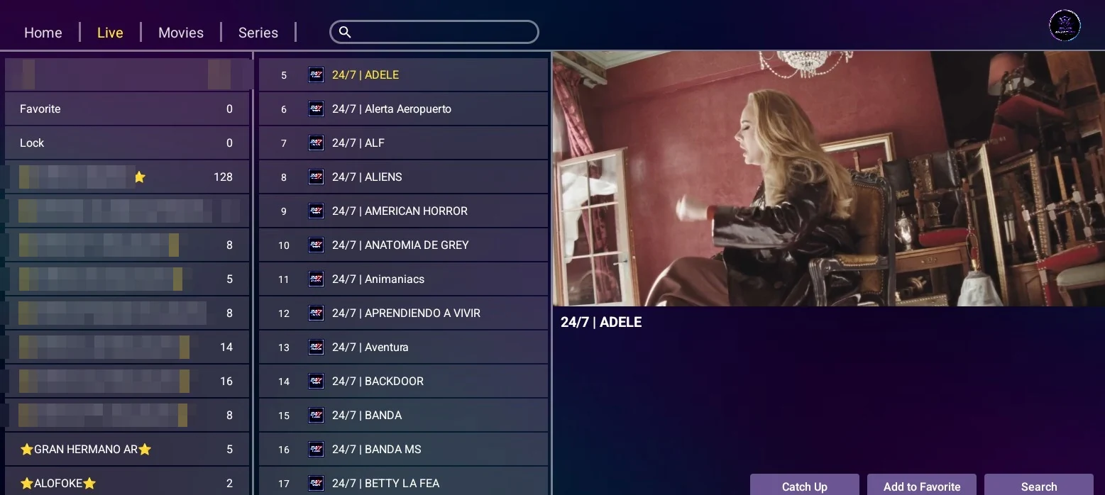 IBO Glass 43 - TV en vivo con categorías, lista de canales y vista previa