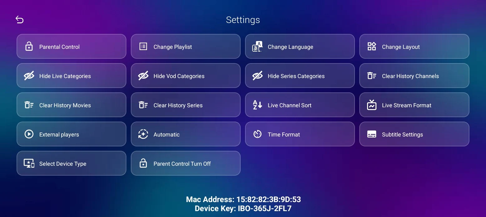 IBO Glass 43 - Ajustes: control parental, categorías, diseño, subtítulos y reproductores externos