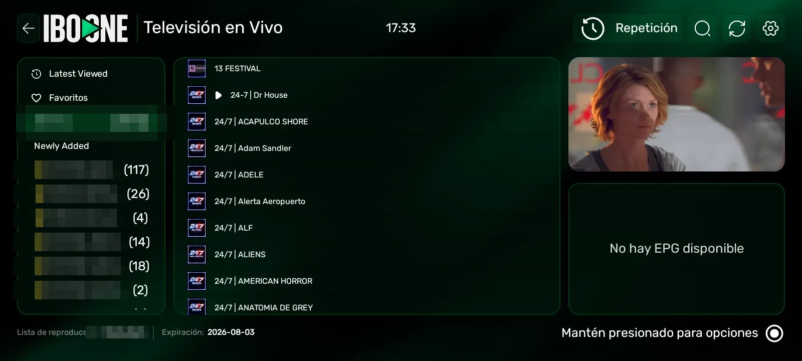 IBO ONE Player - TV en vivo con categorías y canal reproduciéndose en la vista previa