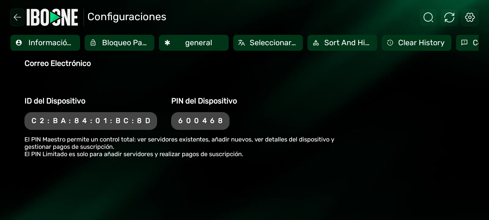IBO ONE Player - Configuraciones con ID de dispositivo, PIN y control parental