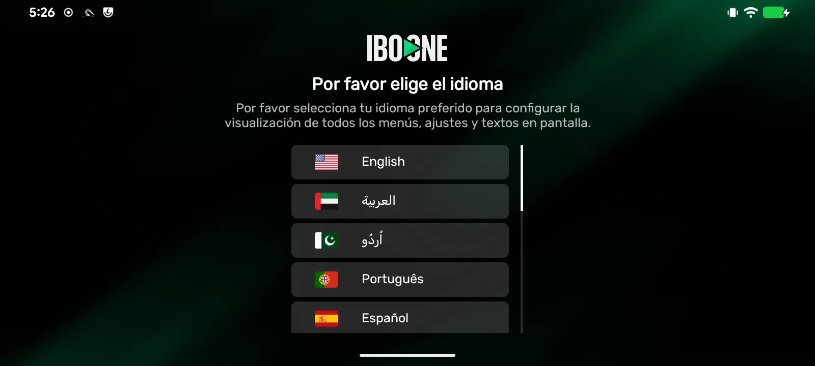 IBO ONE Player - Selección de idioma de la interfaz