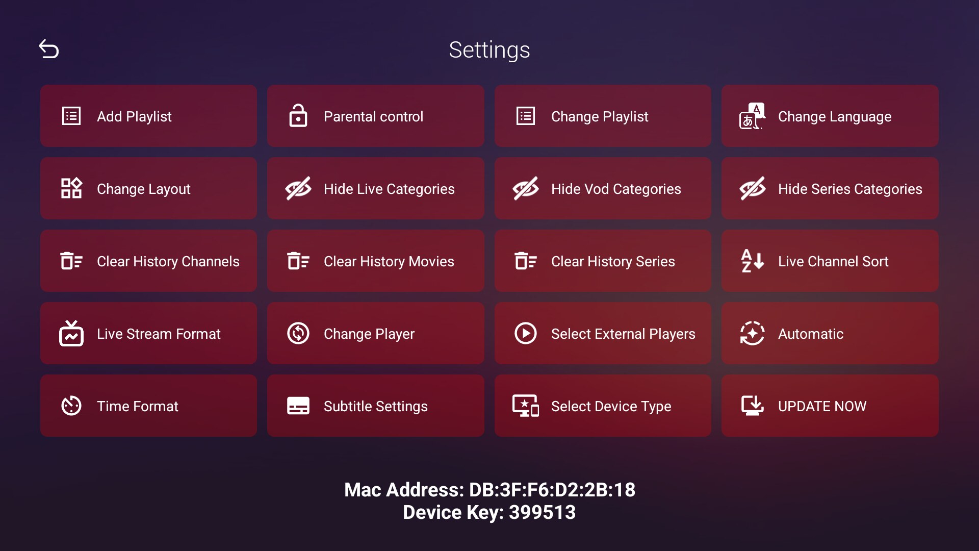 IBO Pro Player — Ajustes (Change Layout, parental, external players)