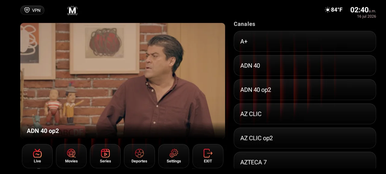 Tema 5 — Player en vivo + lista de canales relacionados de la misma categoría a la derecha; tocás uno y el reproductor cambia a ese canal.