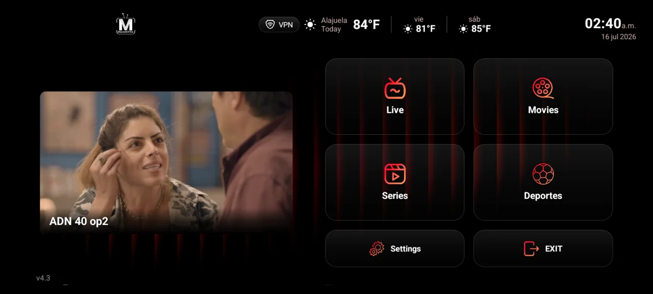 Tema 4 — Player en vivo a la izquierda + accesos en tarjetas (En vivo, Películas, Serie, Sports, Config, Salir) en 2 columnas.