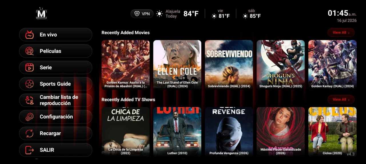 Tema 2 — Menú lateral + filas 'Últimos agregados' de Películas y Series con carátulas TMDB.