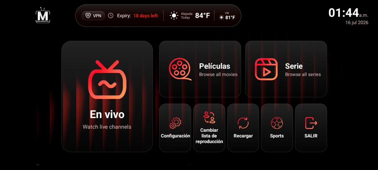 Tema 1 — Inicio bento clásico: bloque grande de TV en vivo + accesos a Películas, Series, Sports y ajustes.