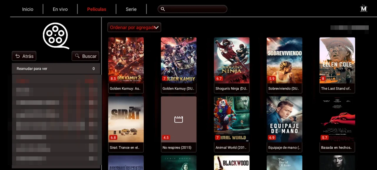 Películas: catálogo VOD con carátulas TMDB, categorías y ordenamiento.