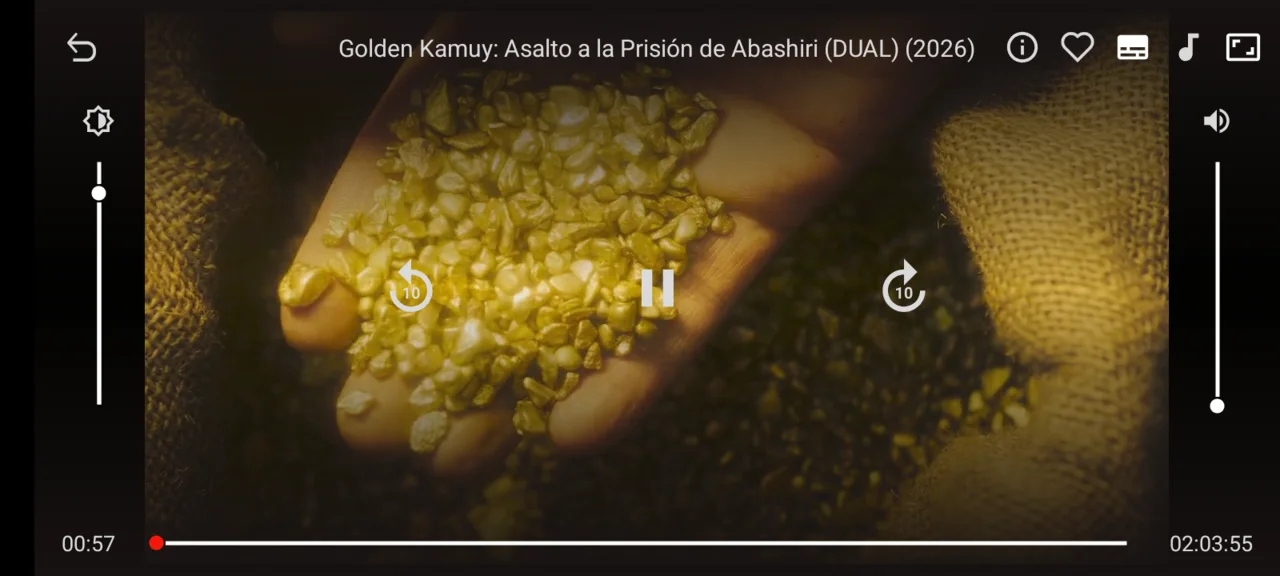 Reproductor con controles reales: reanudar, pista de audio, subtítulos, relación de aspecto, brillo y volumen.