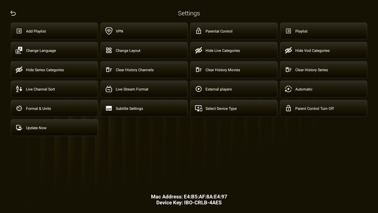 IBO Ultra Glass Gold — Settings — ajustes y control parental en Android TV / Fire TV