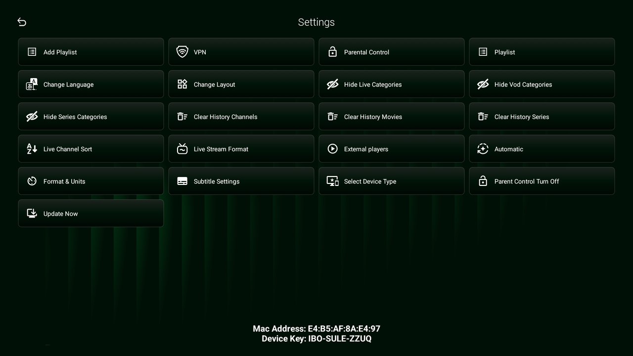 IBO Ultra Glass Green — Settings — ajustes y control parental en Android TV / Fire TV