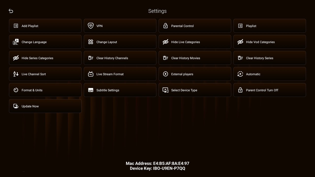 IBO Ultra Glass Orange — Settings — ajustes y control parental en Android TV / Fire TV