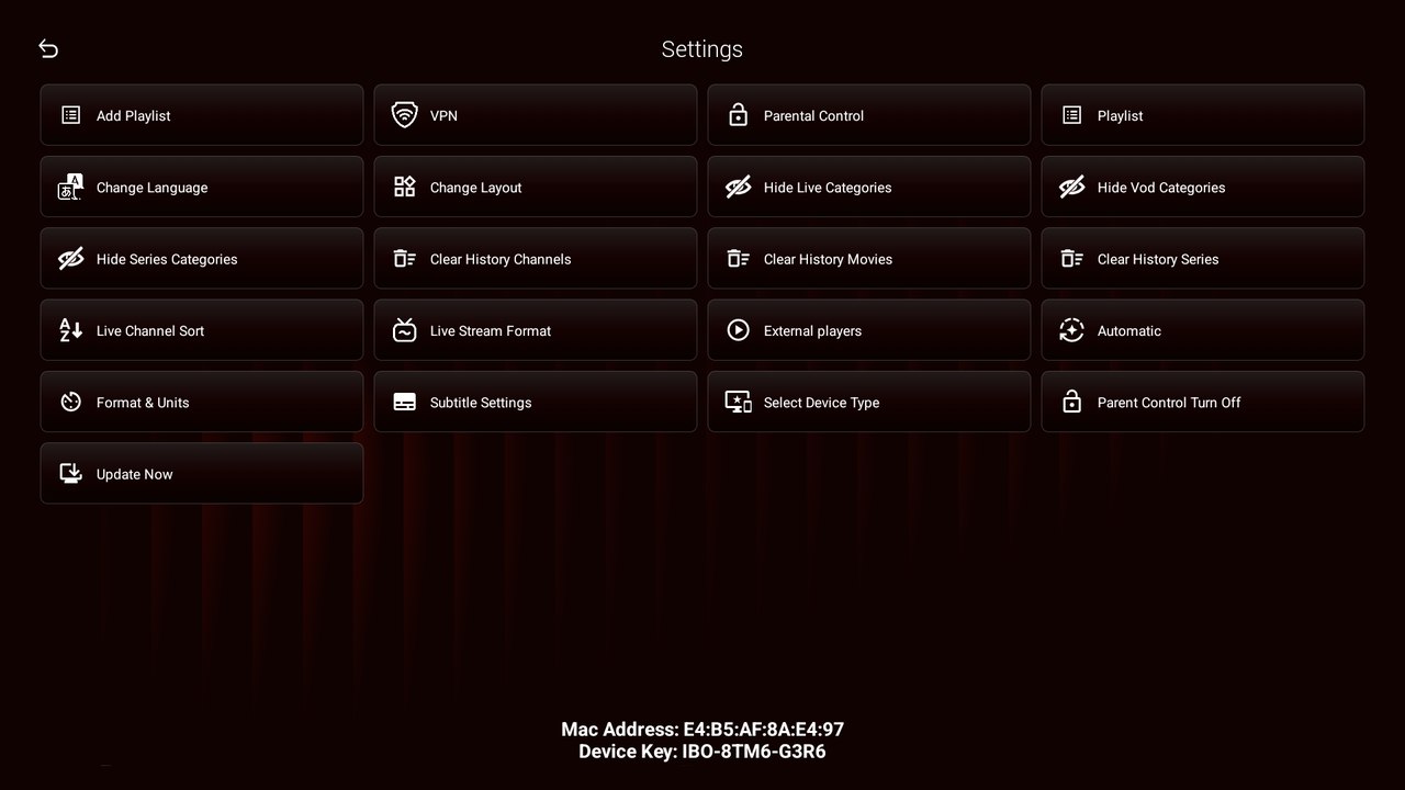 IBO Ultra Glass Red — Settings — ajustes y control parental en Android TV / Fire TV
