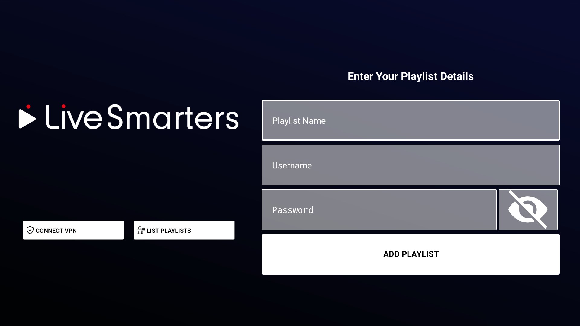 Live Smarters V5 login screen with Xtream credentials and integrated VPN