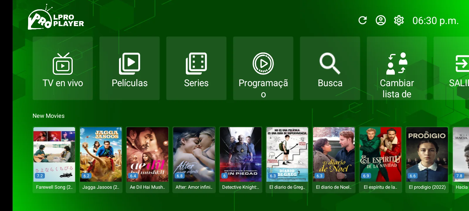 LPRO Player Pro - Pantalla principal Xtream con TV en vivo, Películas, Series y fila de novedades