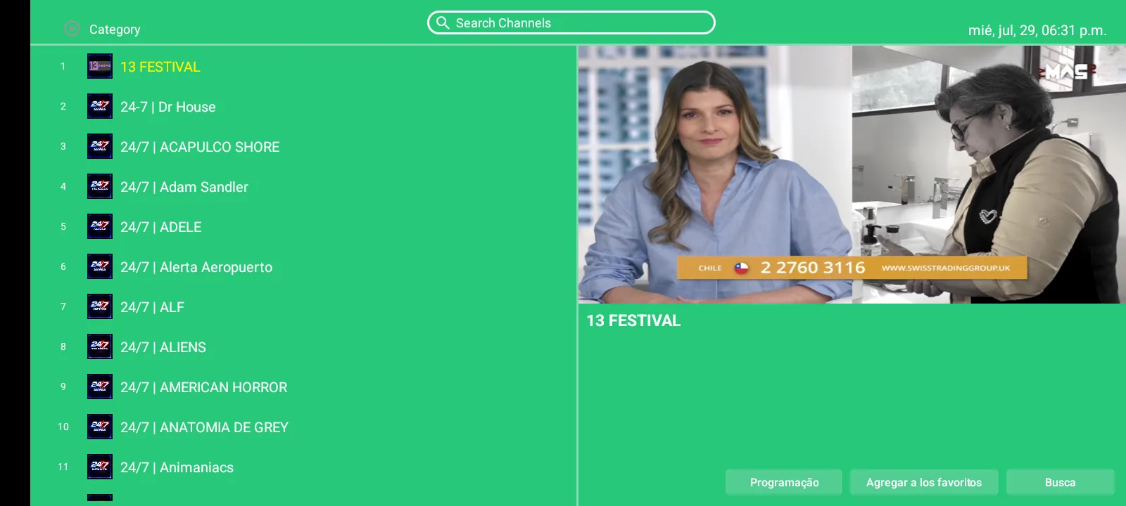 LPRO Player Pro - TV en vivo con lista de canales y vista previa reproduciéndose