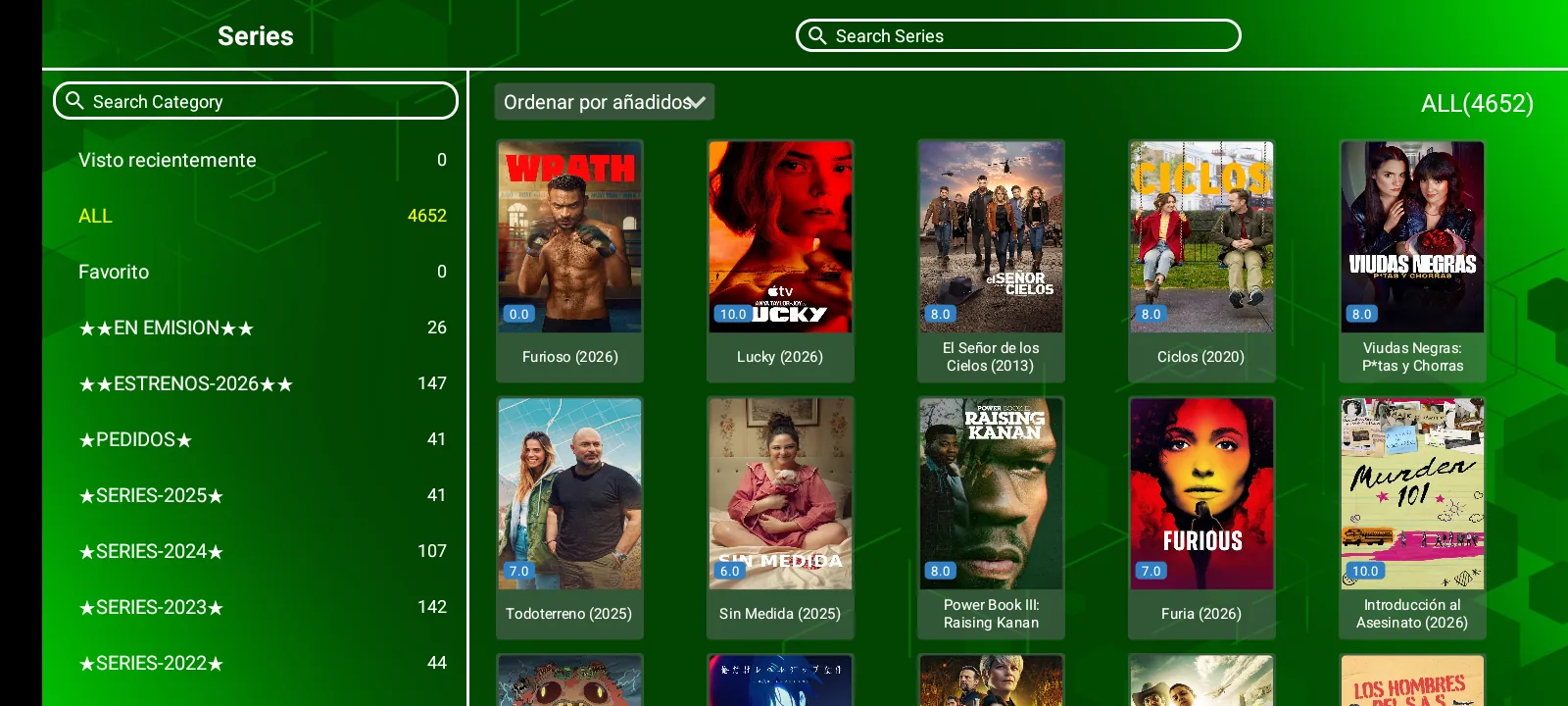 LPRO Player Pro - Catálogo de series en cuadrícula con carátulas y calificación