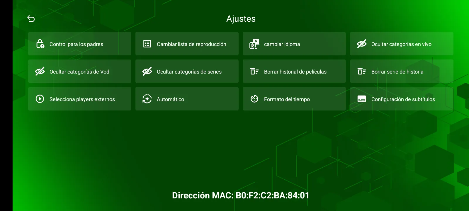 LPRO Player Pro - Ajustes: control parental, cambiar lista, idioma, subtítulos y más