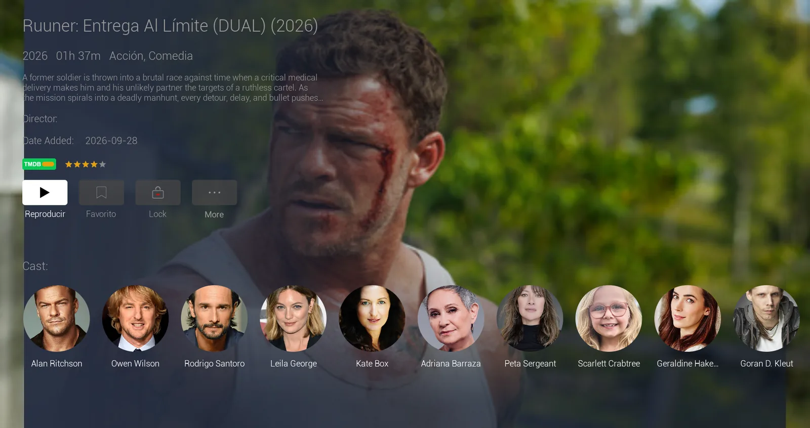 Ficha de película con sinopsis, duración, género, puntuación TMDB y reparto