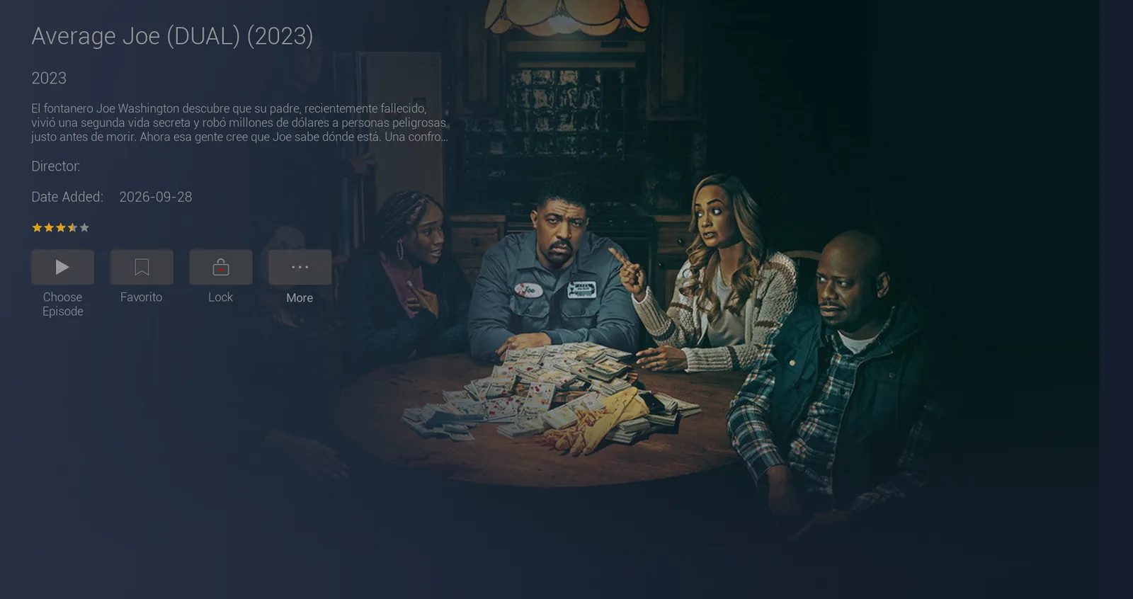 Ficha de serie con director, fecha de alta, puntuación y botón para elegir episodio
