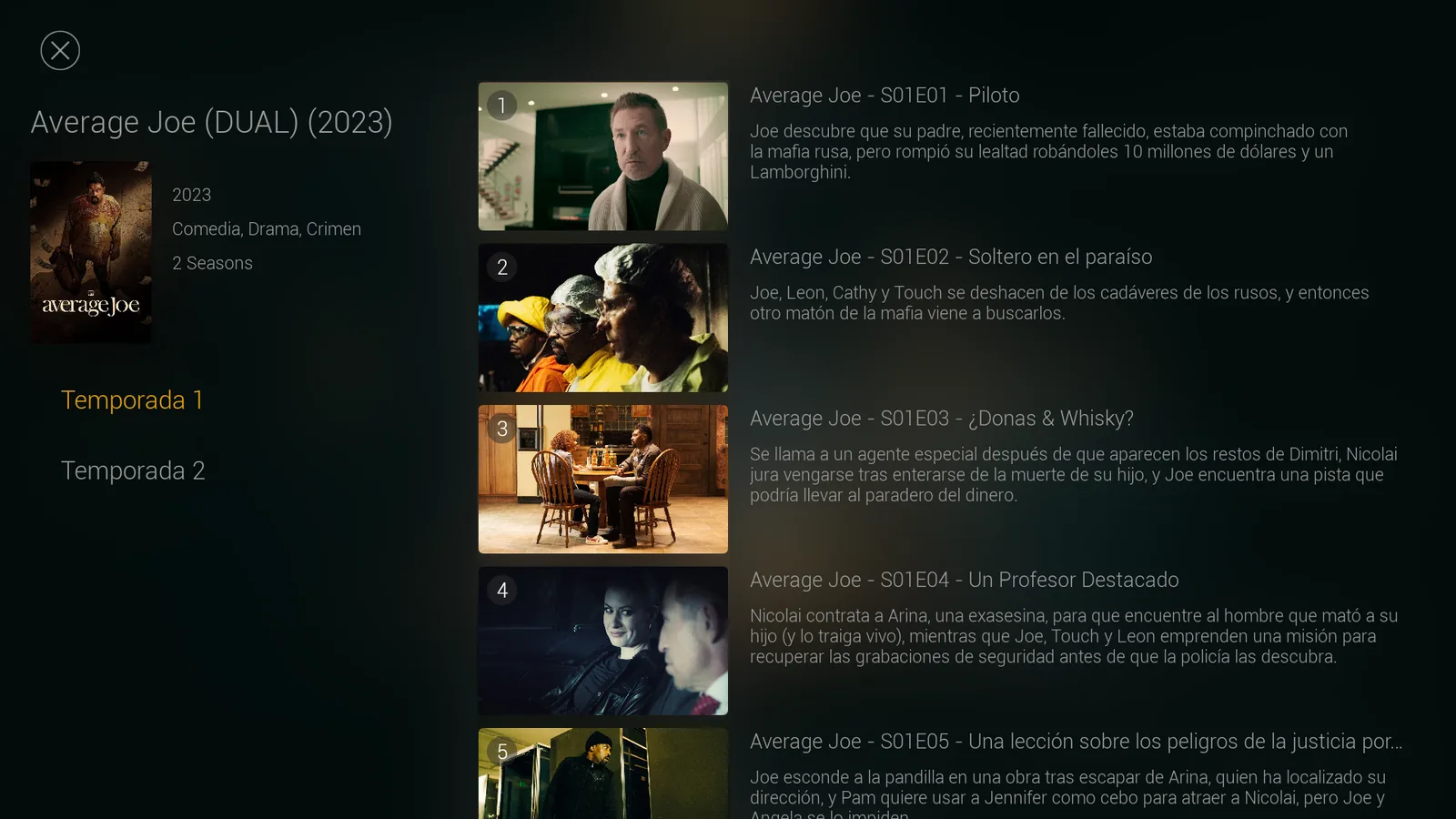 Selector de temporadas y lista de episodios con miniatura y sinopsis