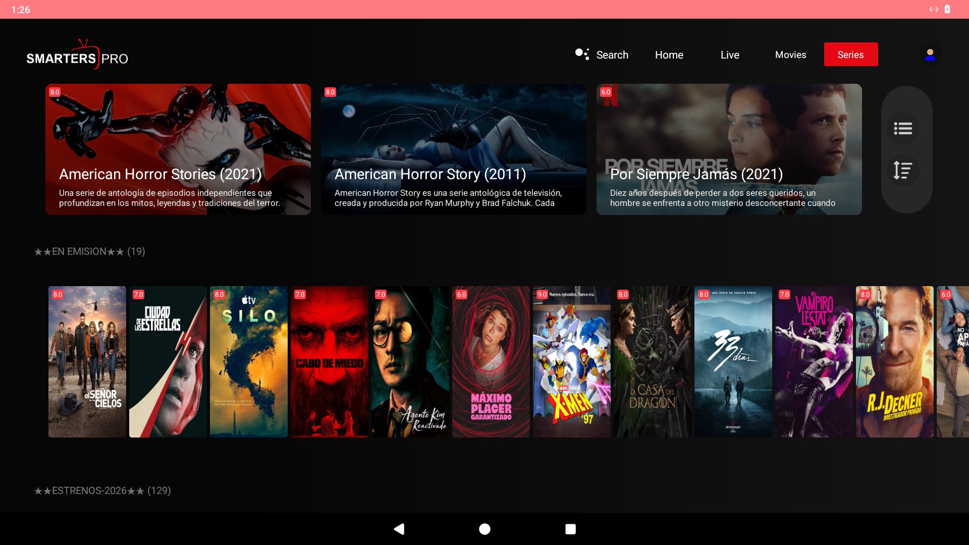 Netflix-style series with a featured banner and rows
