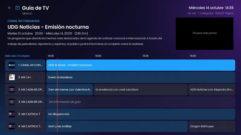 Guía de TV en cuadrícula con línea de hora actual, franjas horarias y la descripción del programa enfocado