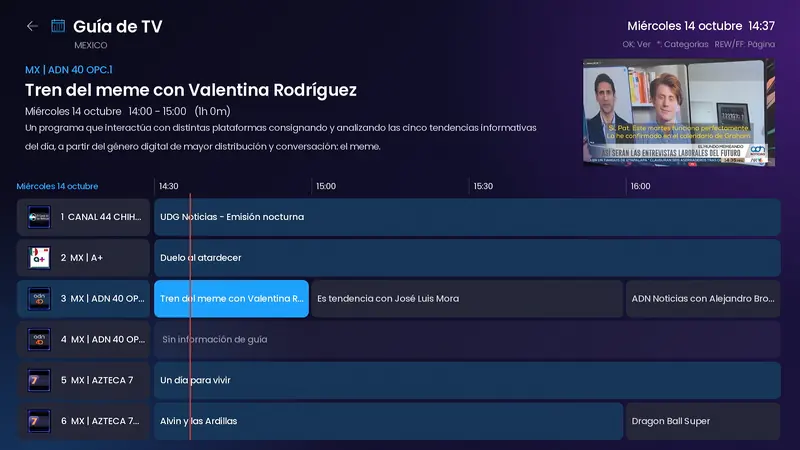 Guía de TV con vista previa en vivo del canal elegido en la esquina