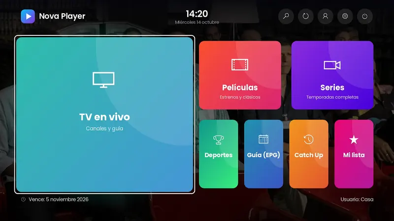 Diseño de inicio Destacado: TV en vivo grande a la izquierda y el resto de secciones a la derecha