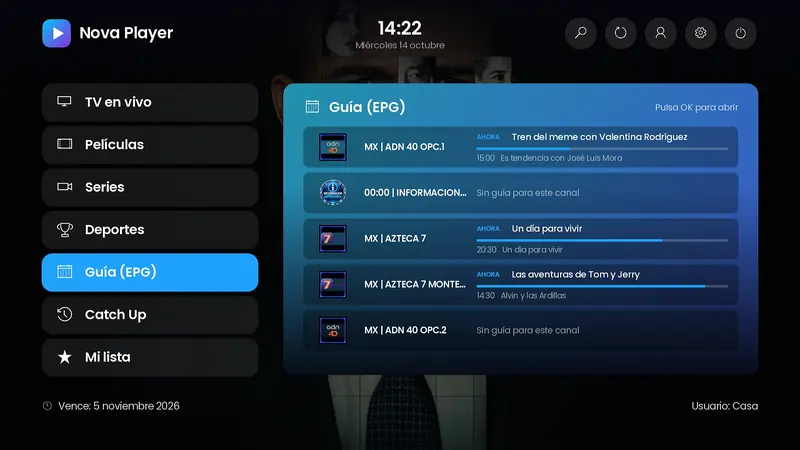 Diseño Menú lateral con vista previa de la Guía (EPG)