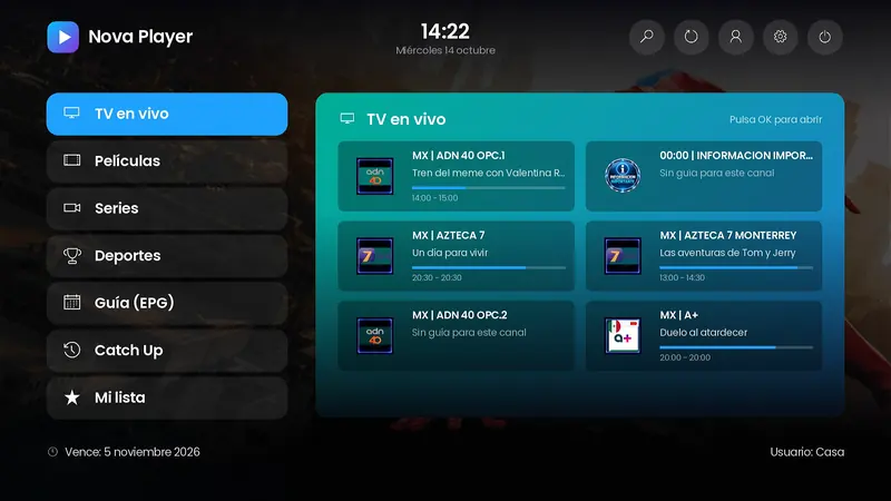 Diseño de inicio Menú lateral con vista previa de canales y su programa actual