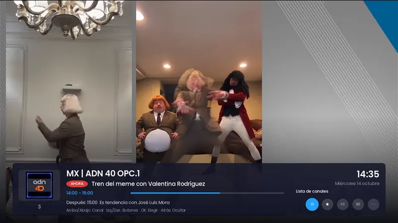 TV en vivo a pantalla completa con barra de información y botones de lista de canales, favorito, audio, subtítulos y más opciones