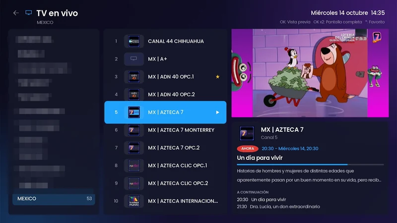 Mini reproductor de TV en vivo con el programa actual, su avance y los siguientes