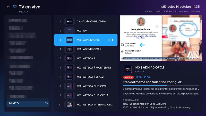 TV en vivo con categorías, lista de canales y vista previa con el programa actual y el siguiente