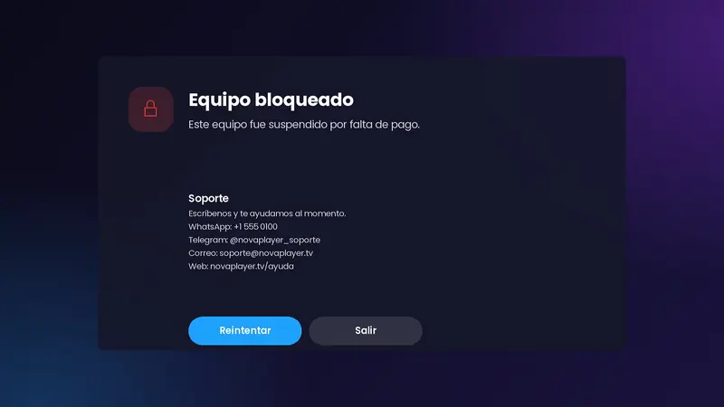 Equipo bloqueado desde el panel con tu propio mensaje y datos de soporte