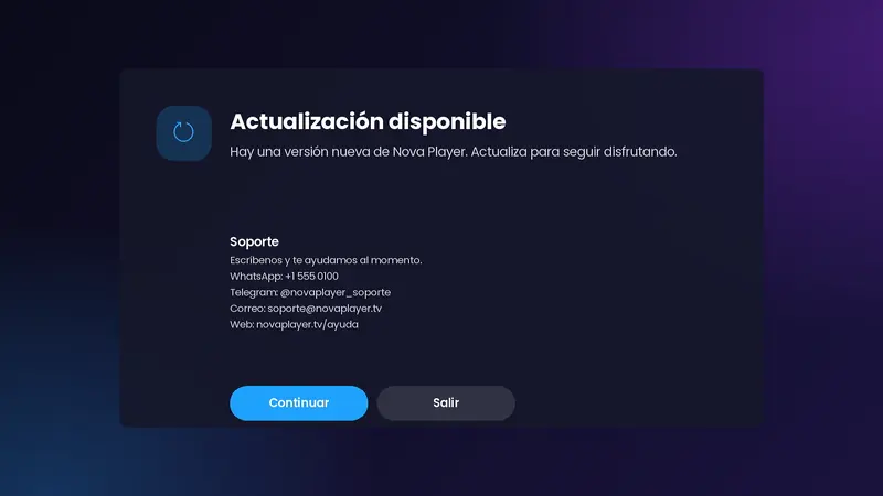 Aviso de actualización disponible con botones Continuar y Salir y tus datos de soporte