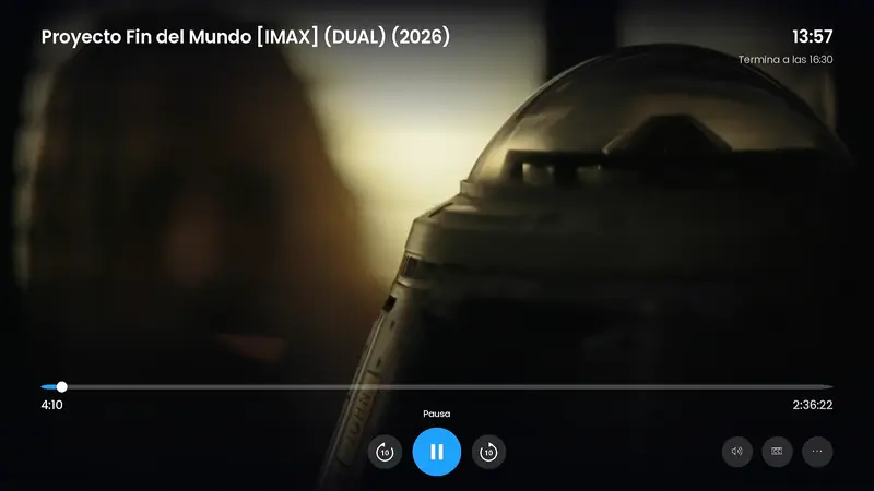 Reproductor de películas con barra de progreso, hora de fin, salto de 10 segundos, pausa, audio, subtítulos y más opciones