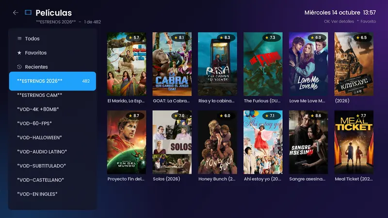 Catálogo de películas por categoría con carátulas, valoración, favoritos y recientes