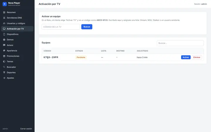 Página Activación por TV: escribe el código que muestra el Roku y asígnale una lista