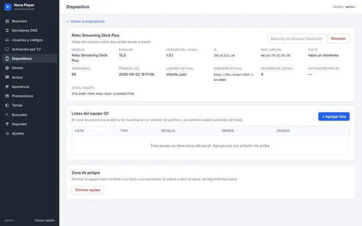 Detalle del equipo con Roku OS, versión del canal, MAC virtual y botón de bloqueo con mensaje propio