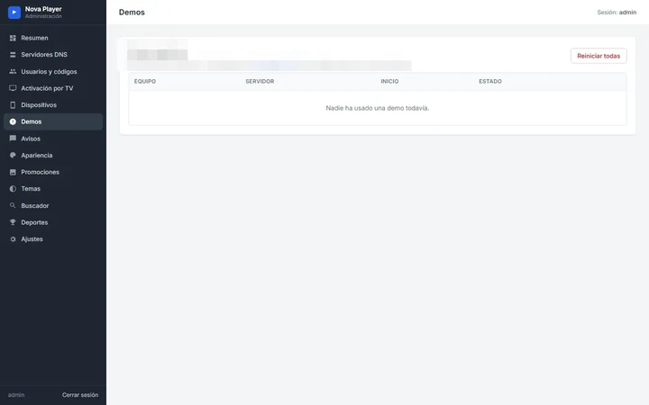 Página de pruebas gratuitas: una demo por equipo, con opción de reiniciar