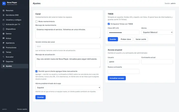 Ajustes del panel: modo mantenimiento, versión mínima, mensaje de actualización, idioma por defecto y TMDB