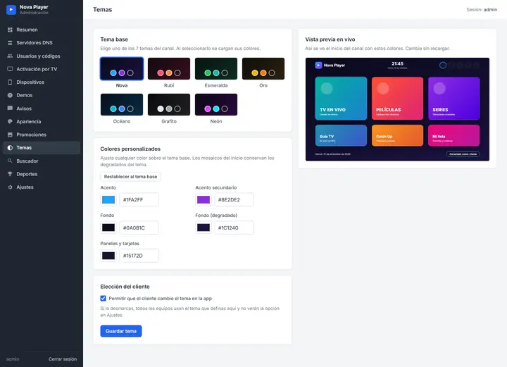 Página Temas: 7 temas base, colores propios, vista previa en vivo y opción de fijar el tema