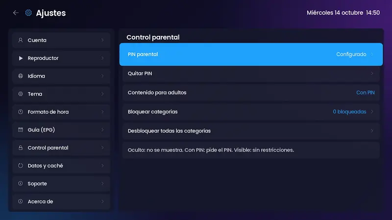 Control parental con el PIN configurado y la opción de quitarlo